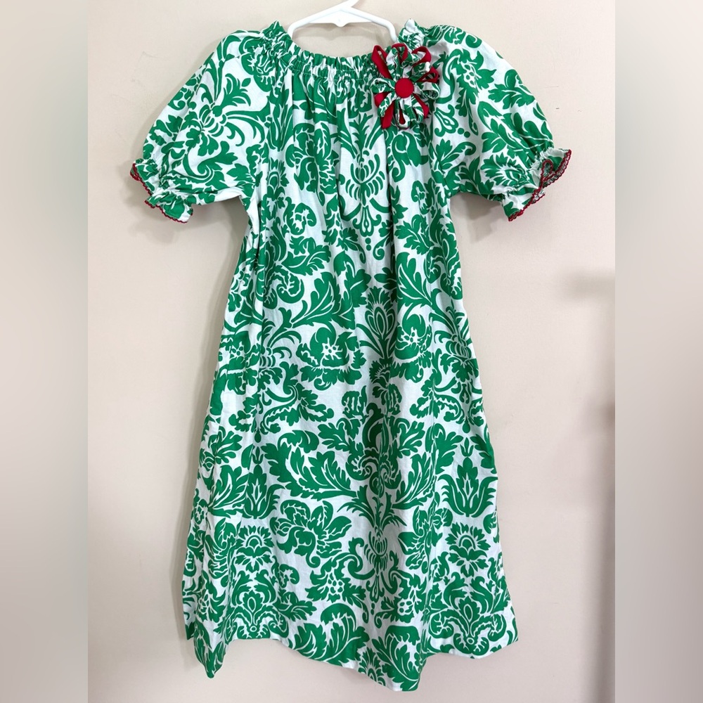 LE’ ZA ME Girls Hand Smocked Damask Christmas Holiday Puff Sleeve Dress 8 Preppy
